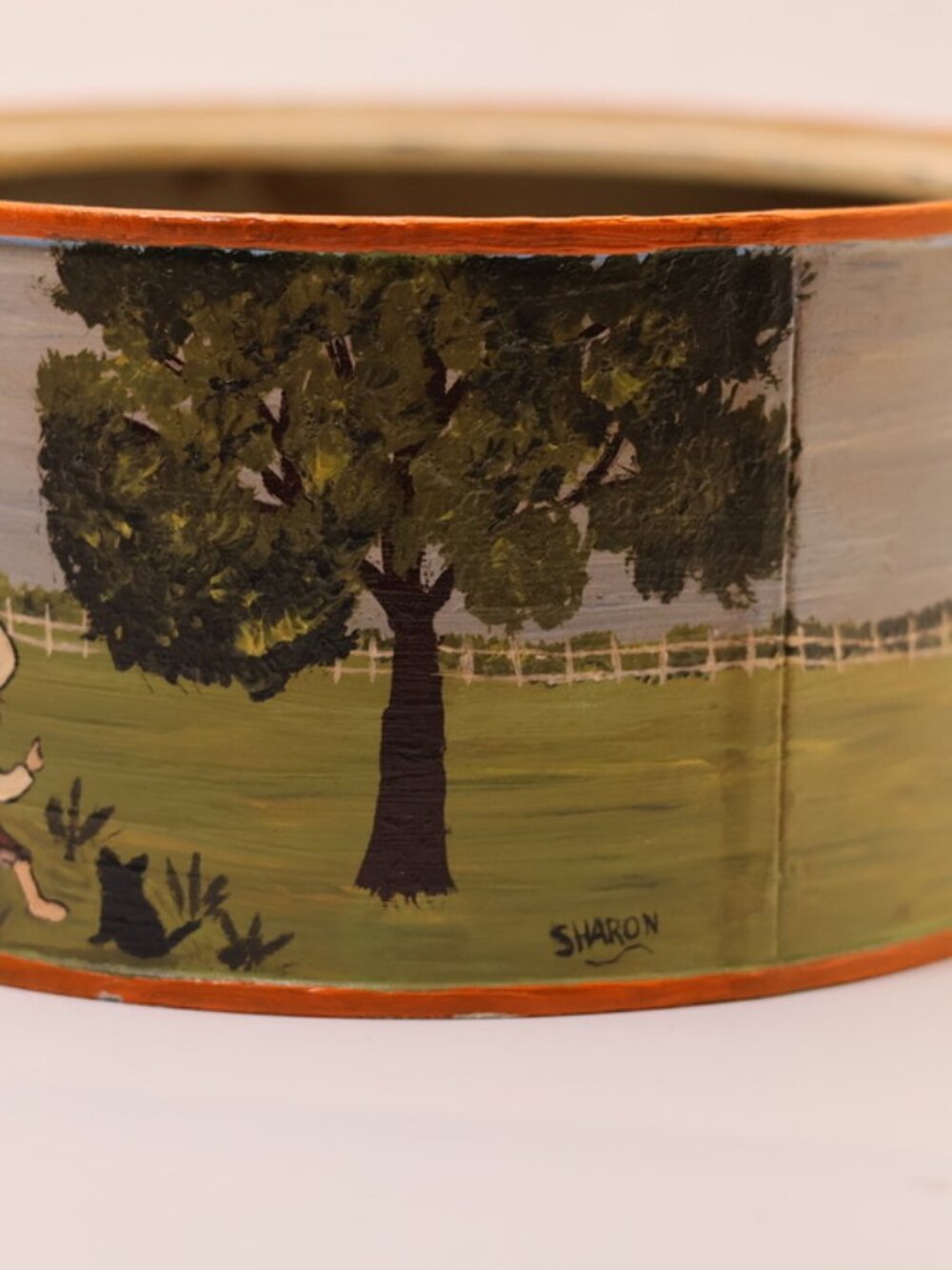 Vintage Hand-Painted Folk Art Tin Canister, Signed Sharon Landscape Storage